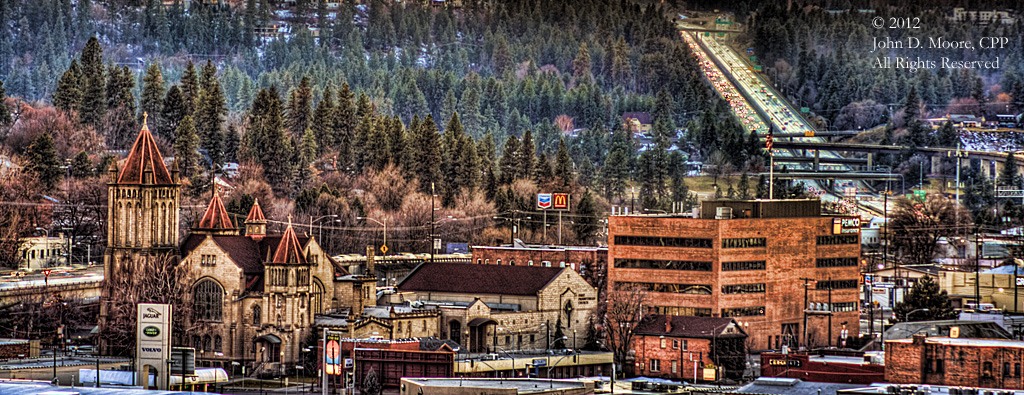 A view of Interstate 90 from the roof of Spokane's Davenport Hotel.