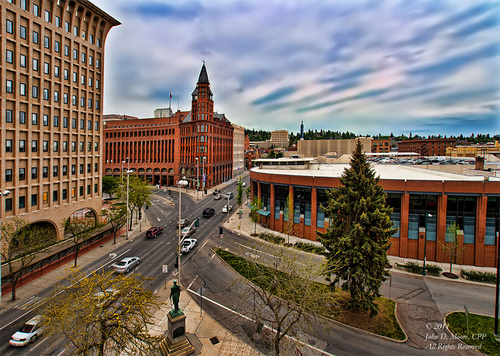 Looking south toward the Cowles Building (center) on West Riverside