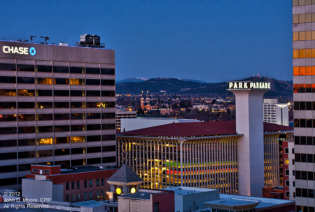 A  view from the roof of the Davenport Hotel Tower toward the Parkade
