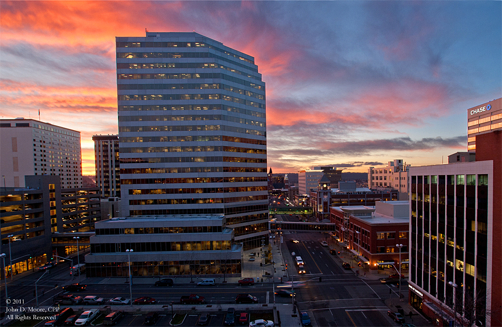 A look at the Bank of America building and the street activity on west Riverside Avenue, from the rooftop of the Fernwell building. 