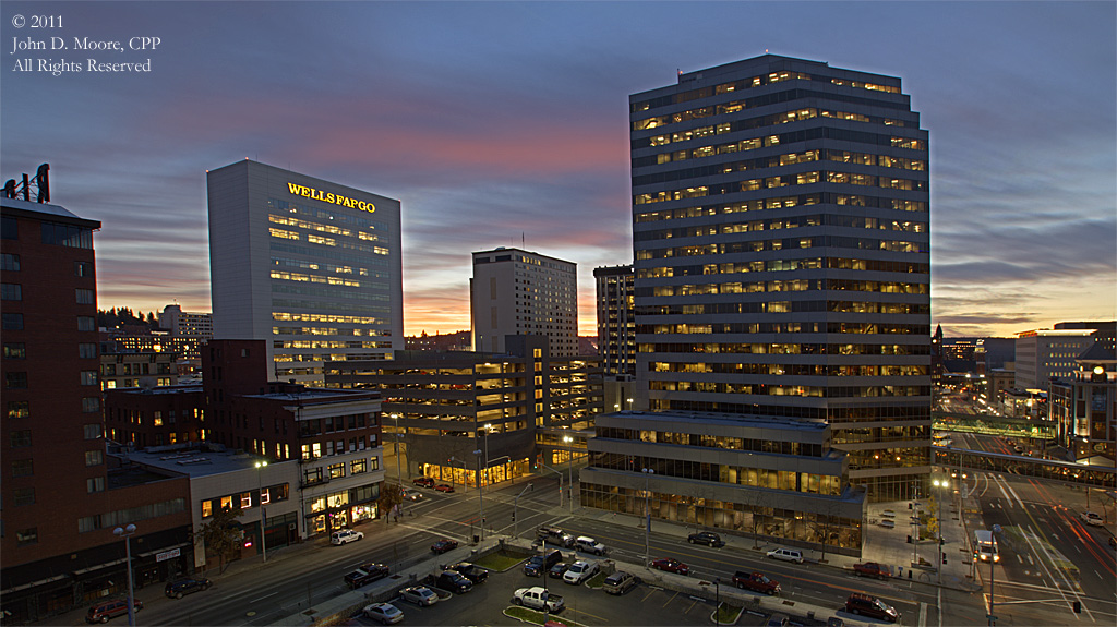  A  sunset view toward the Bank of America building and Wells Fargo, from the rooftop of the Fernwell building.  Spokane, Washington