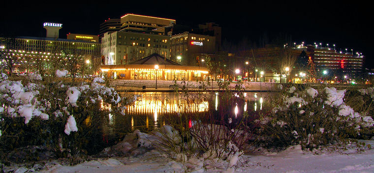 A southwest winter view of downtown, from Spokane's Riverfront Park