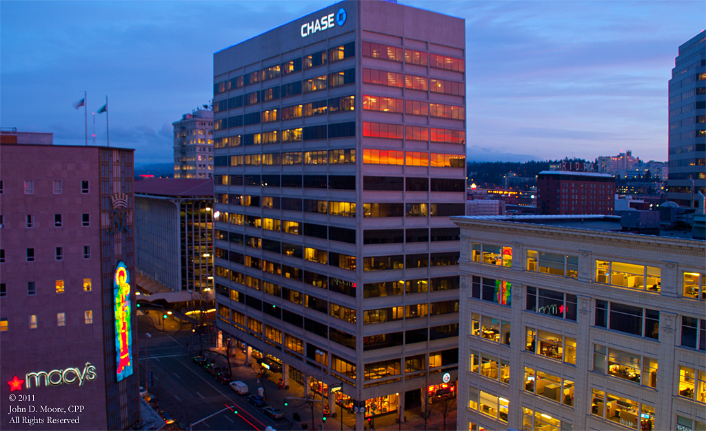 A look at the Macy's, and the Chase building, from the rooftop of the Riverpark Square Mall.