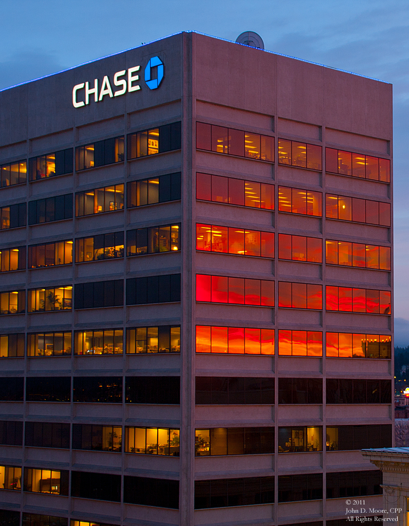 A look at the reflections on the Chase building, from the rooftop of the Riverpark Square Mall.