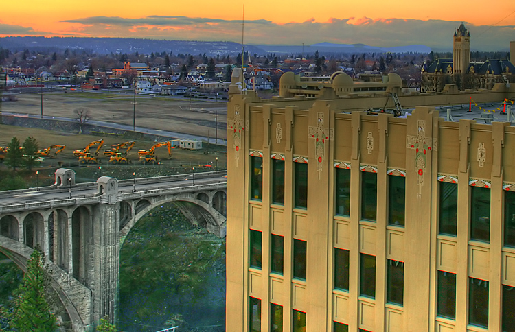 A look northwest, beyond Spokane City Hall, and the Monroe Street Bridge.