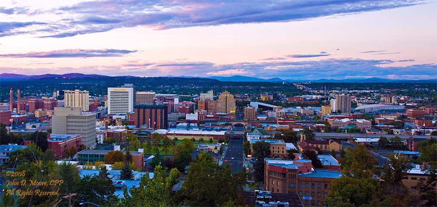 The classic evening view of downtown Spokane, in late summer 2008.