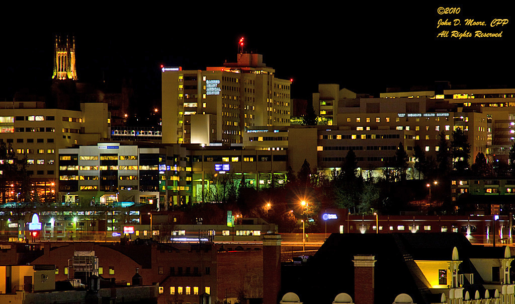 A view toward Sacred Heart Medical Center, shot from the top of Spokane's Riverfront Park Clocktower.