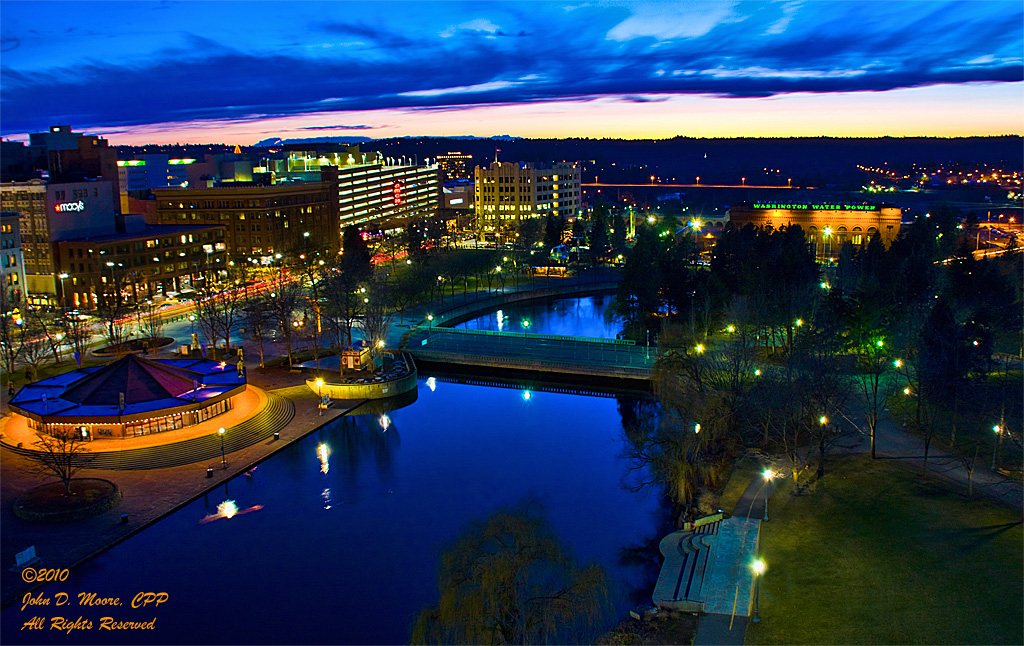 A view west from the top of the Clocktower in Spokane's Riverfront Park,  Spokane, Washington  Night photos.