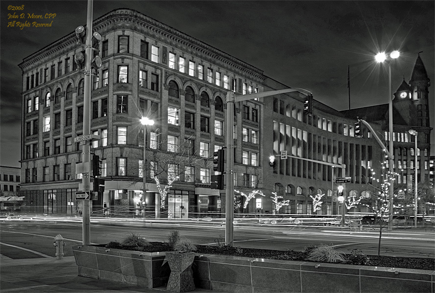 An incredibly busy intersection at Riverside and Lincoln in downtown Spokane, Washington.  This is a view to the southwest.