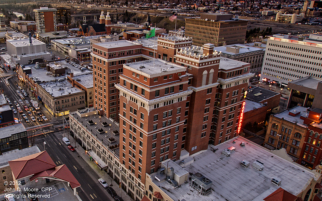 A northwest view of the Davenport Hotel from the roof of the Davenport Hotel Tower