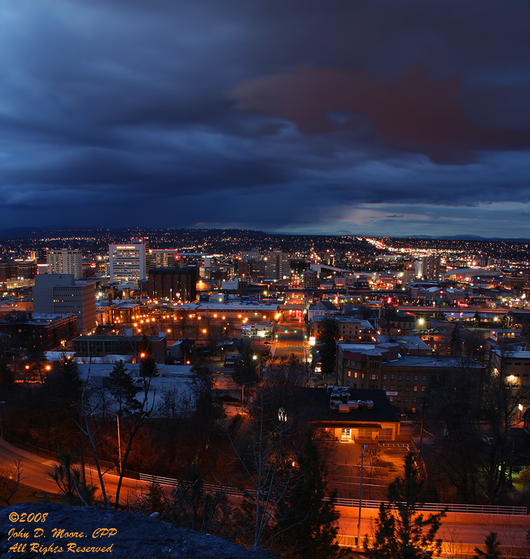 Northerly look at downtown Spokane and some threatening skies.  Spokane, Washington