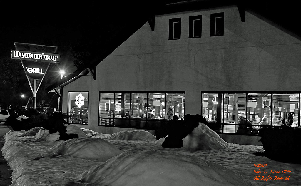 A cold and snowy night at the Downriver Grill, on Northwest Blvd.  Spokane, Washington