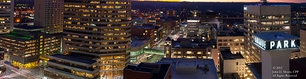 A view to the west of downtown Spokane, from the rooftop of the Old National Bank building