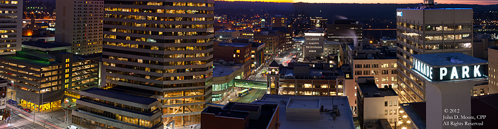 A view to the west of downtown Spokane, from the rooftop of the Old National Bank building