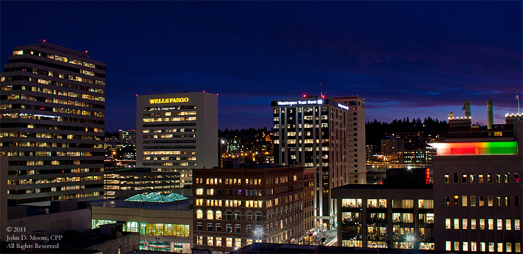 Just after sunset, in downtown Spokane, Washington.