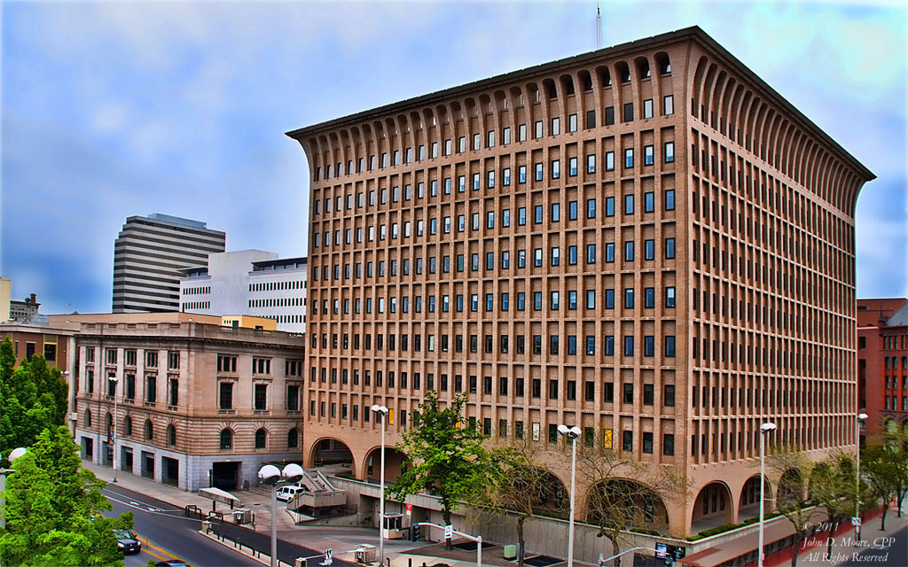 In Spokane, the downtown Post office building on the left, the United States Federal Building on the right.