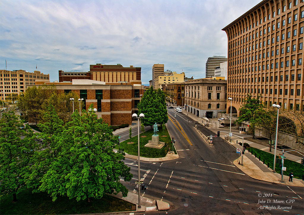 The western edges of dowtown Spokane.  The Spokane Public Library on the left, the United States Federal Building on the right.