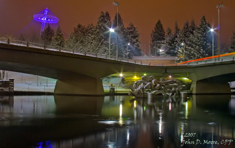 Winter view of the Spokane River floating art sculpture,  Spokane, Washington 
