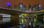 Winter view of the Spokane River floating art sculpture,  Spokane, Washington