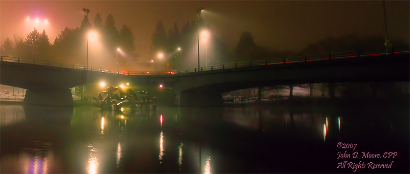 A foggy winter night in Spokane's Riverfront Park