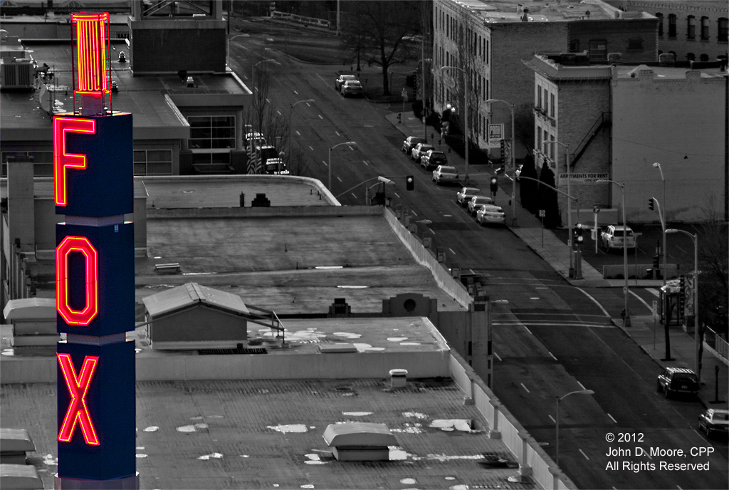 A  view from the roof of the Davenport Hotel toward the Martin Woldson Fox Theater,