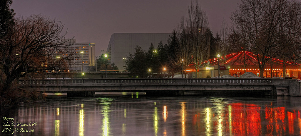 A very foggy night is coming, at the south channel of the Spokane river by the Loof Carousel