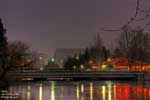 A very foggy night is coming, on the south of the Spokane river adjacent to the Loof Carousel