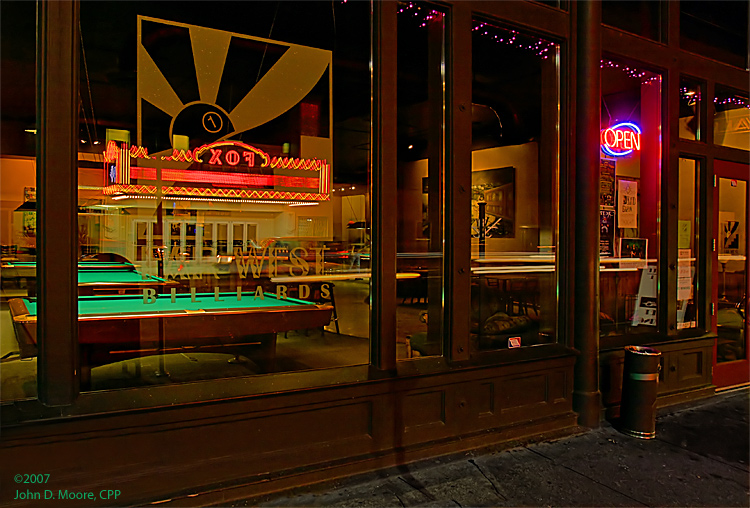 At the Far West Billiards in the 1000 block of West First, with the reflections of the Fox Theater.