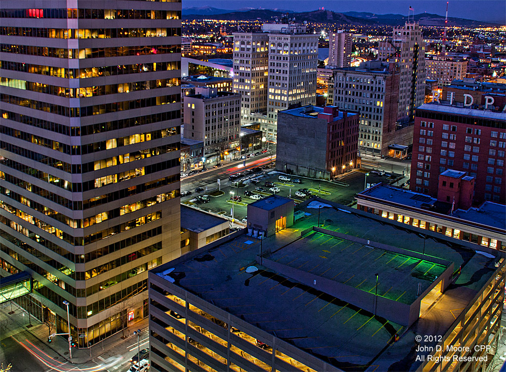 A northeast view of downtown Spokane from the roof of the Davenport Hotel Tower
