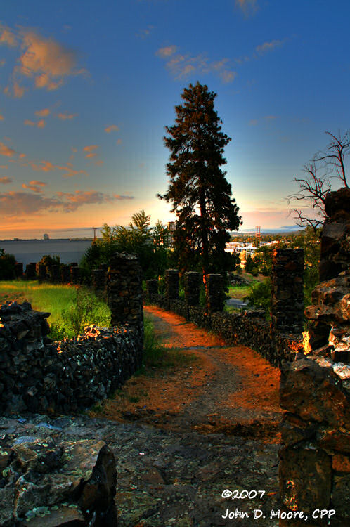 Ruins at Liberty Parks Olmstead Overlook,  Sunset in Spokane, Washington