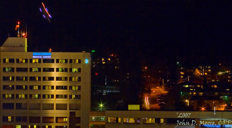 South view of a helicopter arriving at Deaconess hospital