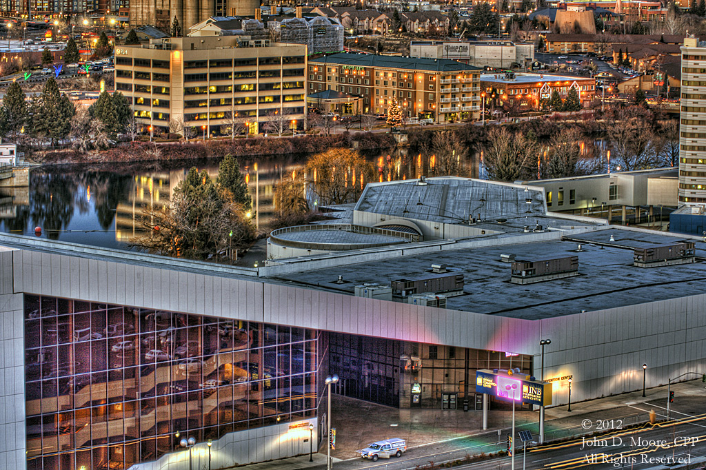 A  view of the INB Performing Arts Center, and the Spokane River, from the rooftop of the Old National Bank building.   