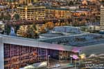 A  view of the INB Performing Arts Center, and the Spokane River, from the rooftop of the Old National Bank building.   