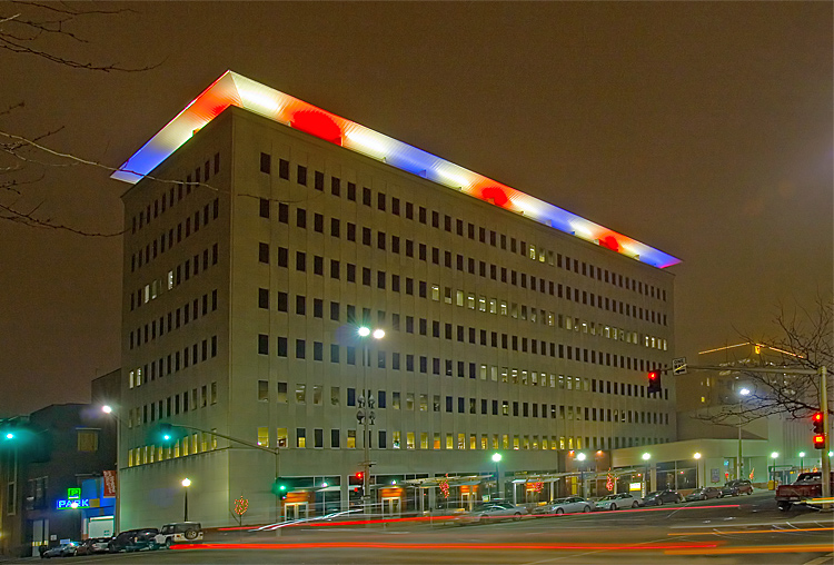 A foggy look north towards the Lincoln building, 