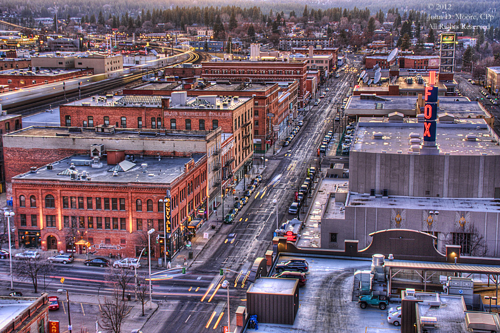 A sunset view of Spokane's West First neighborhood.