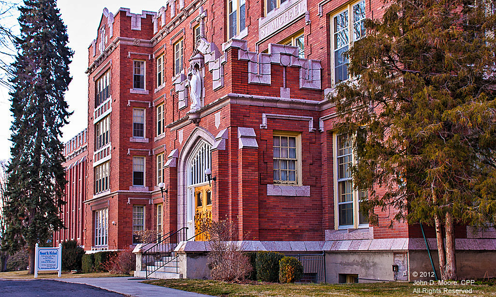 A sunset view of a Mount Saint Michaels building in northeast Spokane