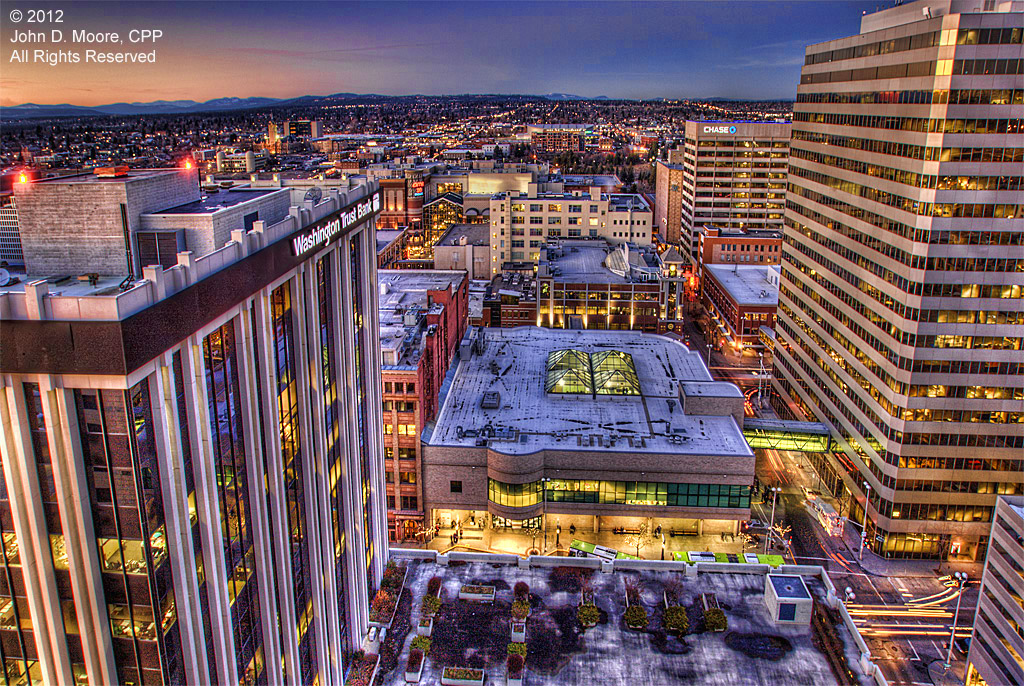 A north view of downtown Spokane from the roof of the Davenport Hotel Tower
