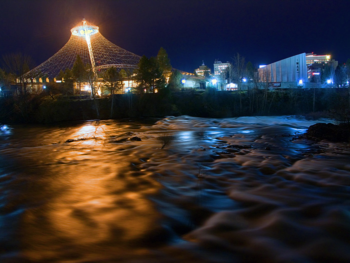 North river channel,  over a swollen Spokane River, Spokane, Washington