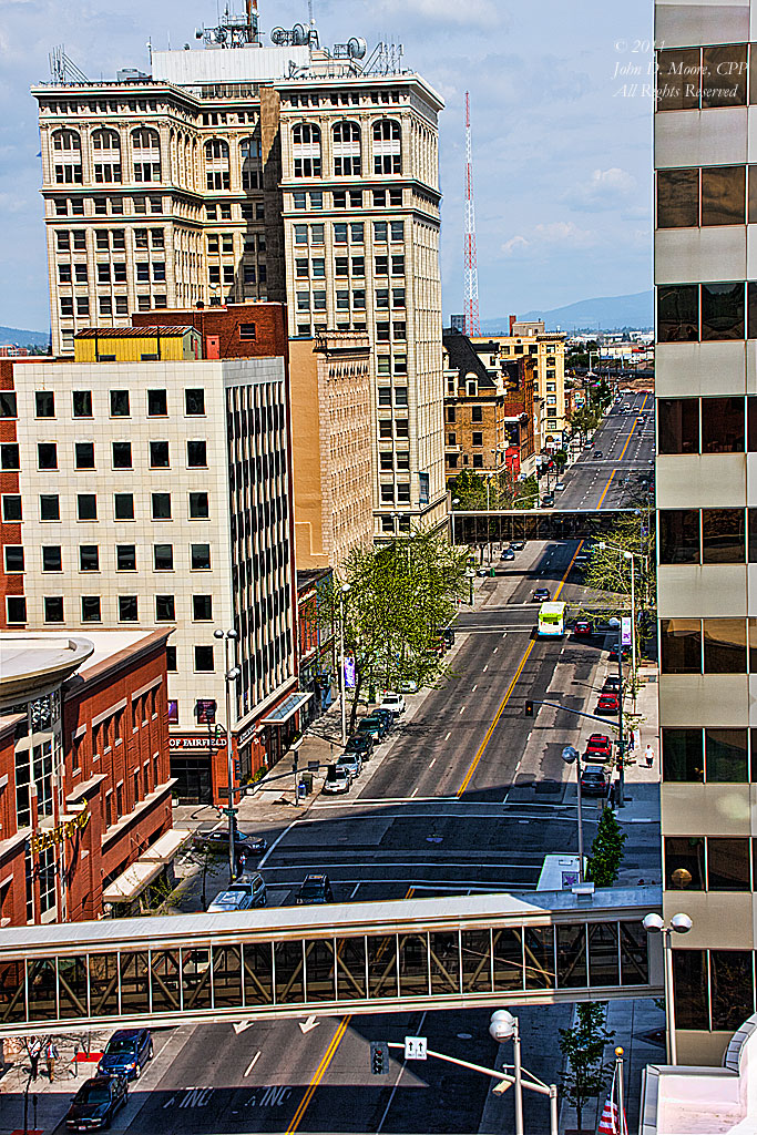 Riverside Avenue, a look to the east from the top of the Peyton Building in downtown Spokane.  