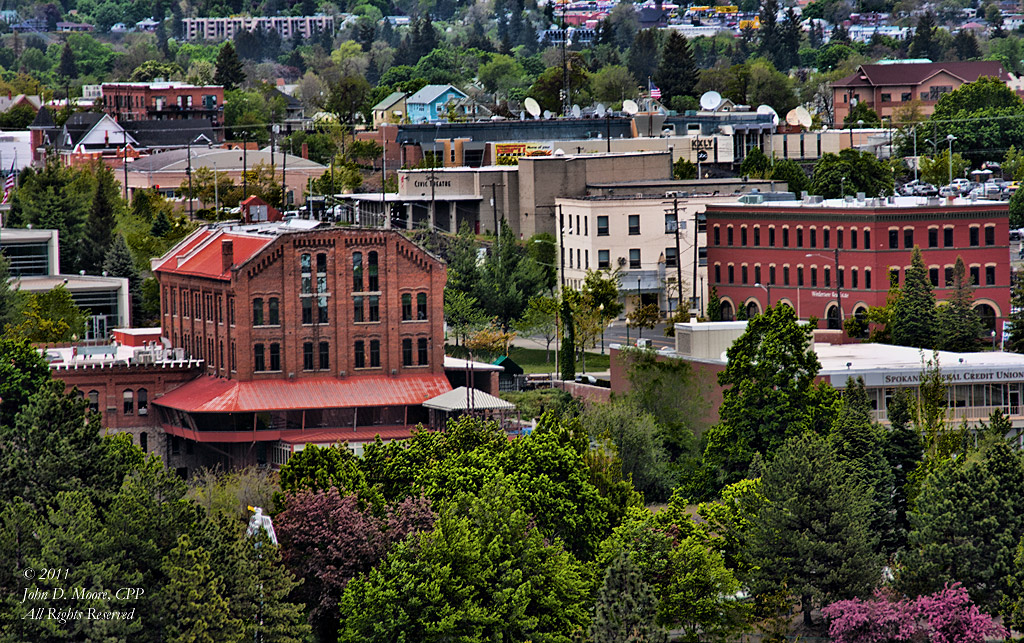A northeast view of the Flower Mill,  from the top of Riverpark Square Mall in downtown Spokane.  