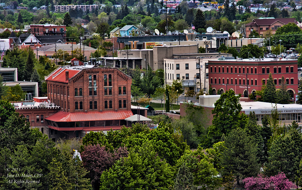 A northeast view of the Flower Mill,  from the top of Riverpark Square Mall in downtown Spokane.  