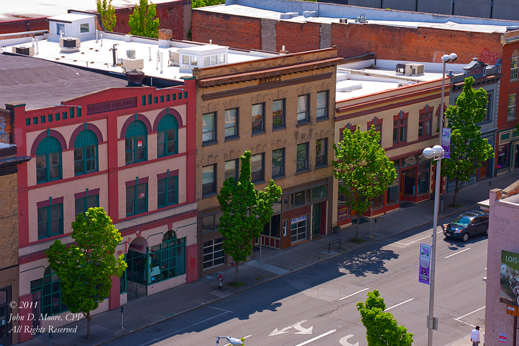 Attractive storefronts, West of Washington, on West First Avenue.