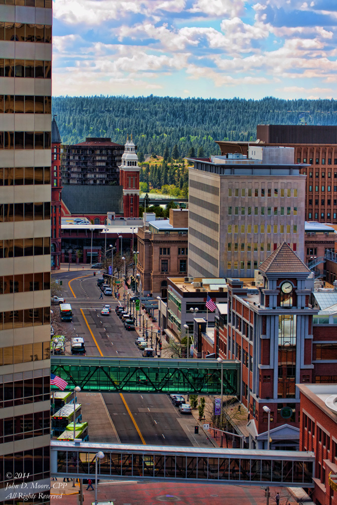 Above Riverside Avenue, in downtown Spokane, Washington.