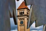 The Clocktower as viewed through a sculpture of the Canadian Flag.  Riverfront Park, Spokane, Washington.