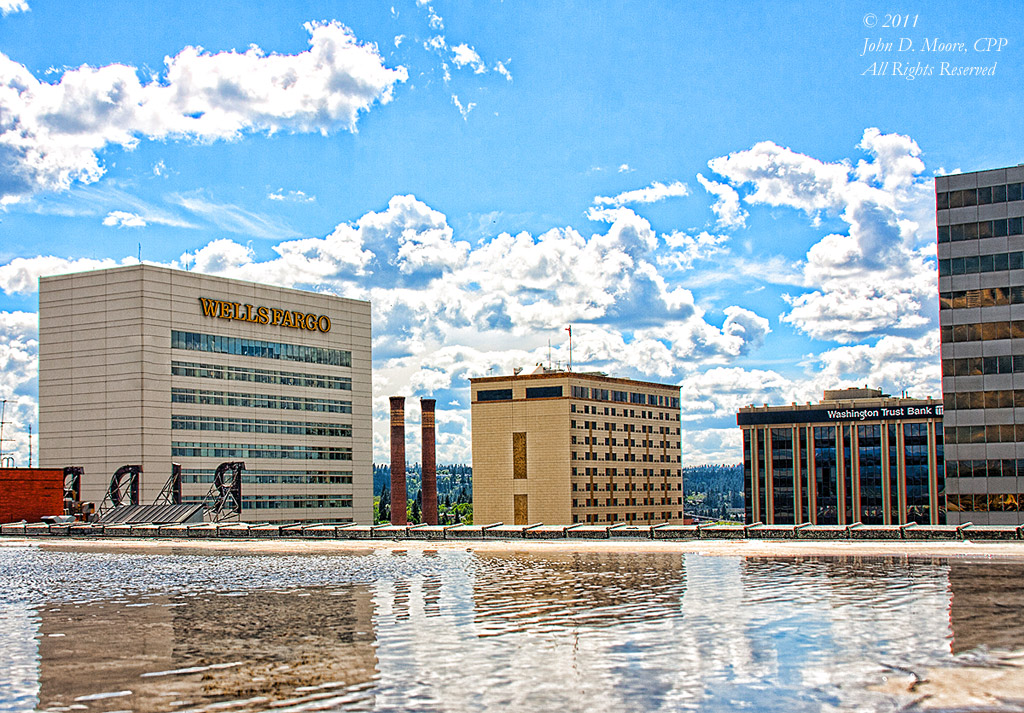 The Wells Fargo Building, Davenport Hotel Tower, Washington Trust Bank in downtown Spokane. 