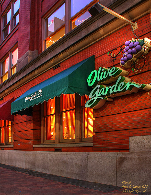 The Olive Garden in downtown Spokane, just after sunset.