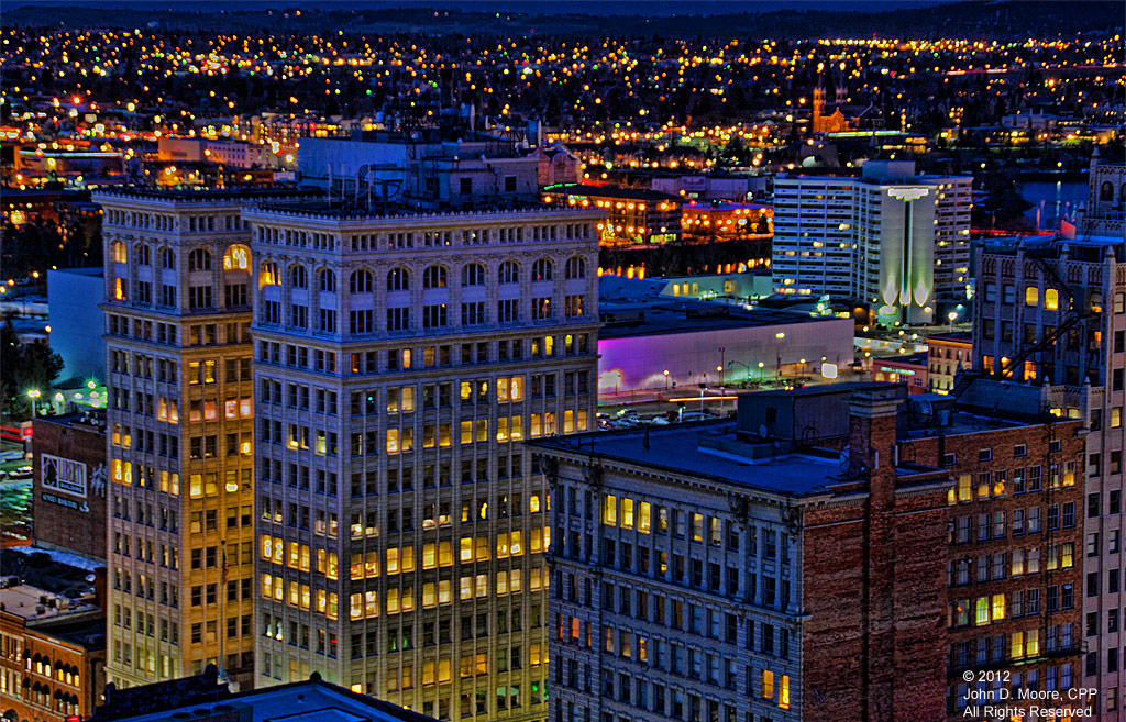 A sunset view toward the Old National Bank  and the Fernwell buildings