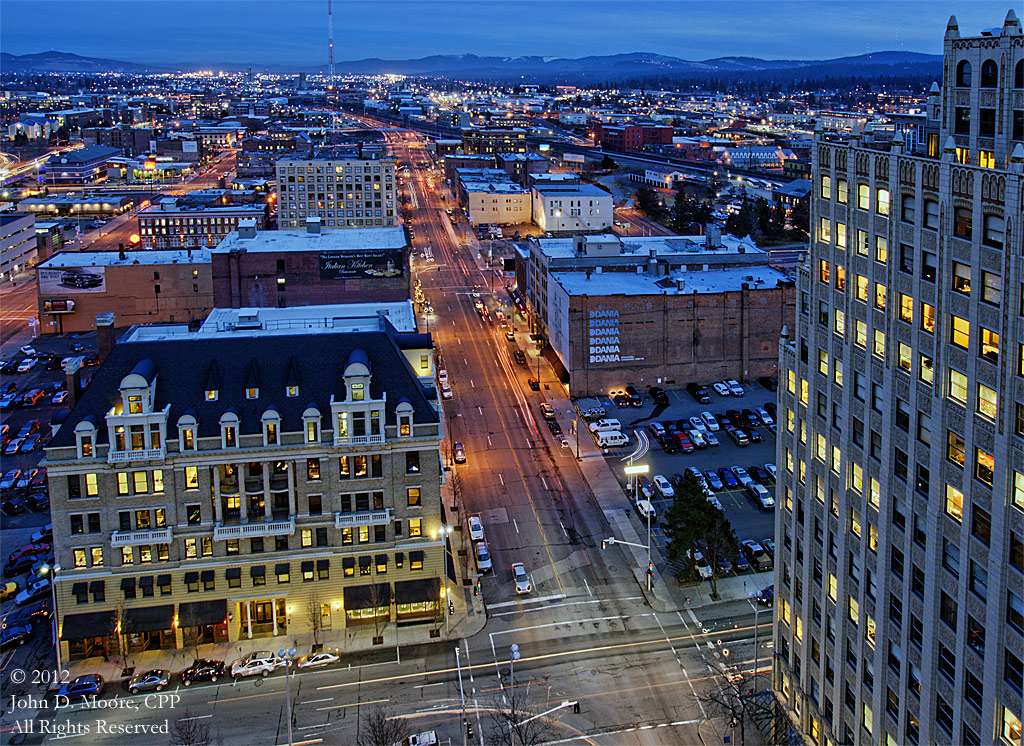 A look to the east in downtown Spokane, from the northern rooftop of the Old National Bank building. 