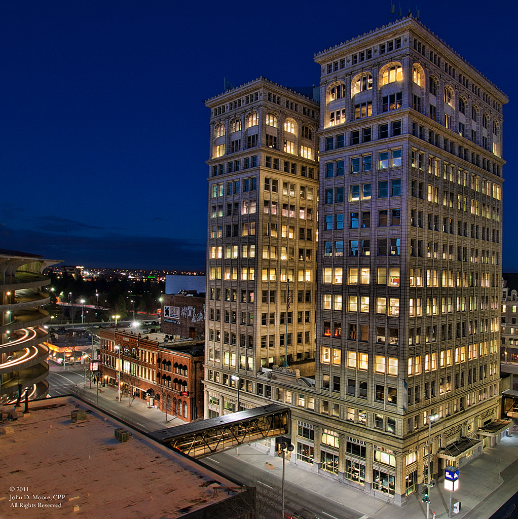 A  view of the Old National Bank building in downtown Spokane,  from the rooftop of the Fernwell building.  Spokane, Washington