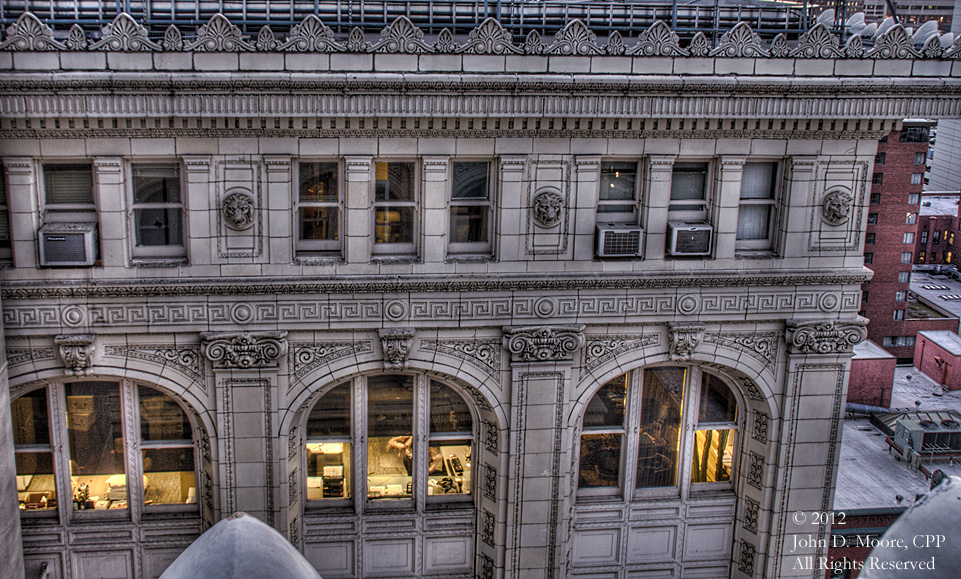 A view toward some of the Old National Bank ornamental designs from the northern rooftop of the Old National Bank building. 